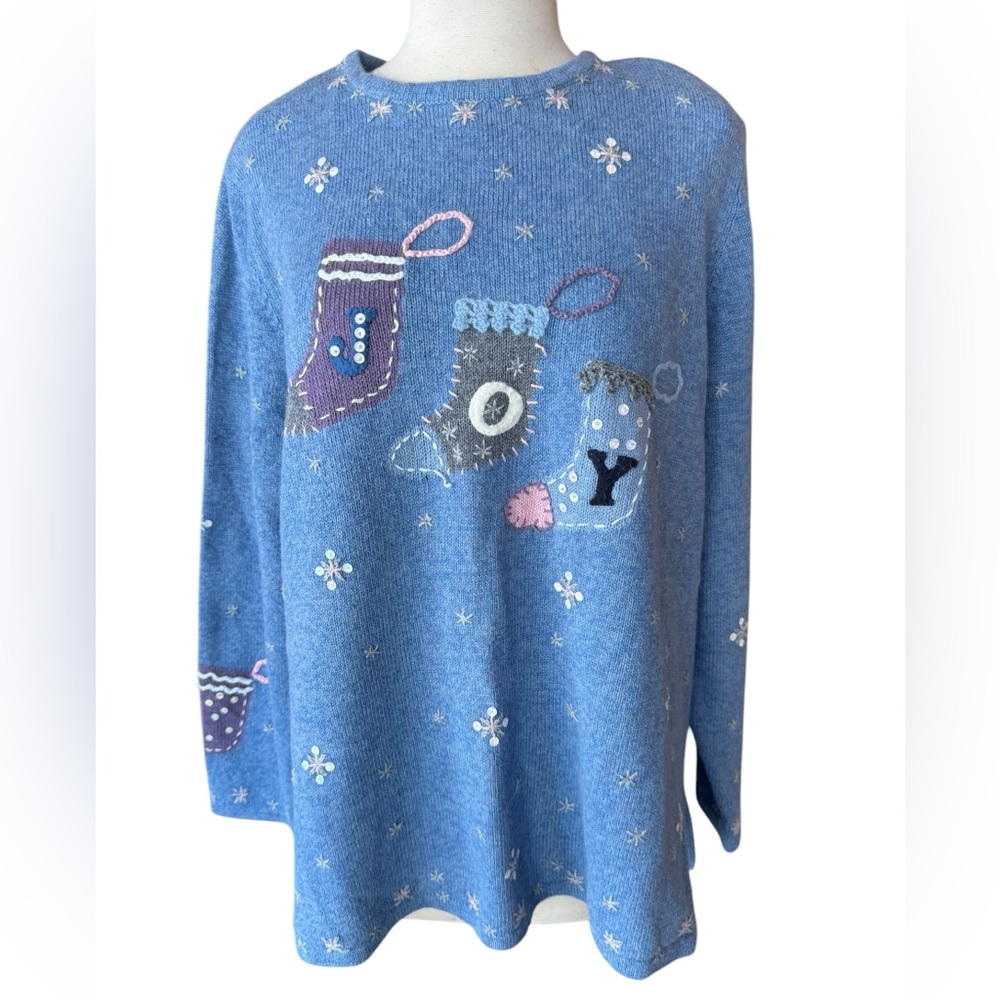 1980s C.J. Banks Hand Embroidered & Sequins Festive Stockings Knit‎ Sweater